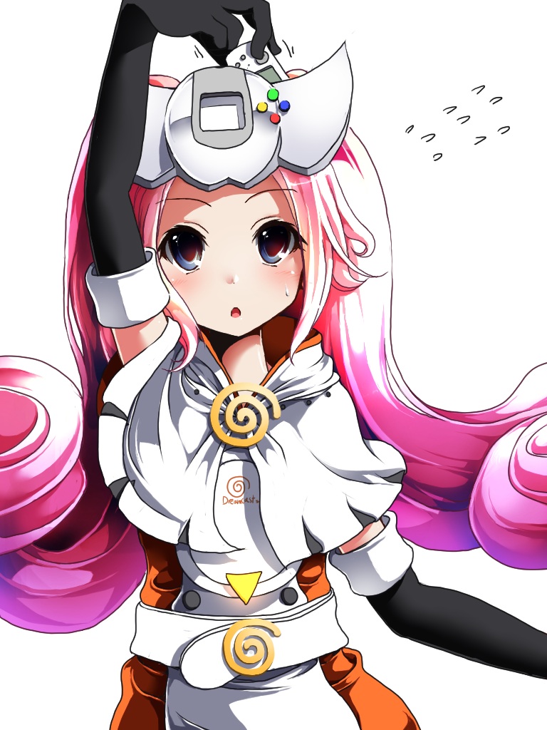 1girl :o arm_at_side arms_up belt black_gloves blue_eyes blush buttons capelet curly_hair dot_nose dress elbow_gloves eyebrows eyelashes facing_viewer female_focus game_console gloves headpiece kigiri long_hair looking_away looking_up motion_lines open_mouth pink_hair sega_dreamcast sega_dreamcast_(sega_hard_girls) sega_hard_girls sidelocks simple_background solo sweat tareme tongue twintails white_background white_belt white_capelet