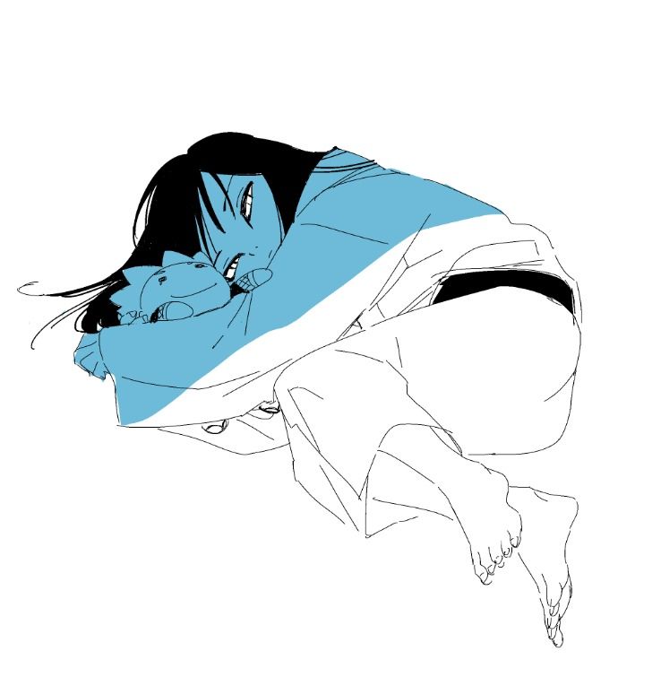 aged_down barefoot black_hair dot_nose eyeliner holding holding_stuffed_toy japanese_clothes kimono kutuyatti limited_palette lying makeup monochrome narrowed_eyes naruto_(series) non-web_source on_ground on_side one_foot_over_the_other orochimaru_(naruto) sarutobi_hiruzen slight_frown slit_pupils stuffed_toy