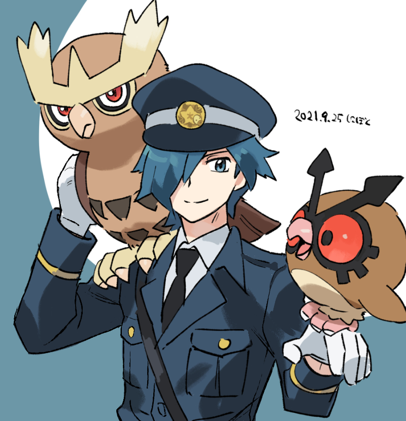 1boy aqua_eyes aqua_hair bird black_jacket black_neckwear breast_pocket closed_mouth collared_shirt commentary_request dated evolutionary_line falkner_(pokemon) gen_2_pokemon hair_over_one_eye hands_up hoothoot jacket long_sleeves male_focus necktie nibo_(att_130) nintendo noctowl on_shoulder owl pocket pokemon pokemon_(creature) pokemon_adventures pokemon_on_shoulder shirt short_hair smile split_mouth white_shirt