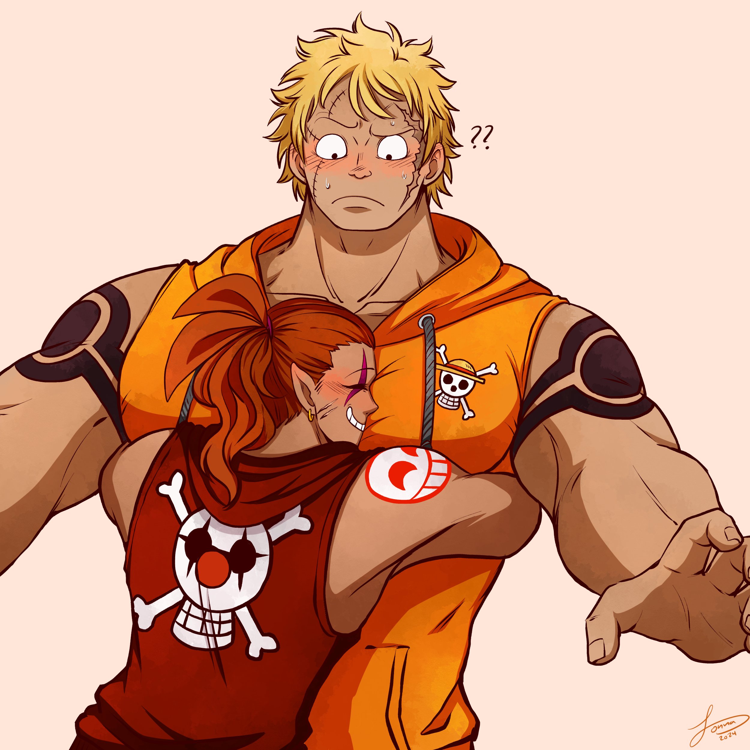 2boys ? ?? absurdres bakushou_(samayajonna) bara bellamy_(one_piece) between_pecs between_pectorals blonde_hair blush buggy_the_clown_jolly_roger couple dark-skinned_male dark_skin head_between_pecs headband height_difference highres hood hoodie hug hyena_(samayajonna) jolly_roger large_pectorals male_focus multiple_boys muscular muscular_male nipples oc_x_canon one_piece original pectoral_cleavage pectorals red_eyes short_hair solo_focus straw_hats_jolly_roger surprise_hug upper_body yaoi