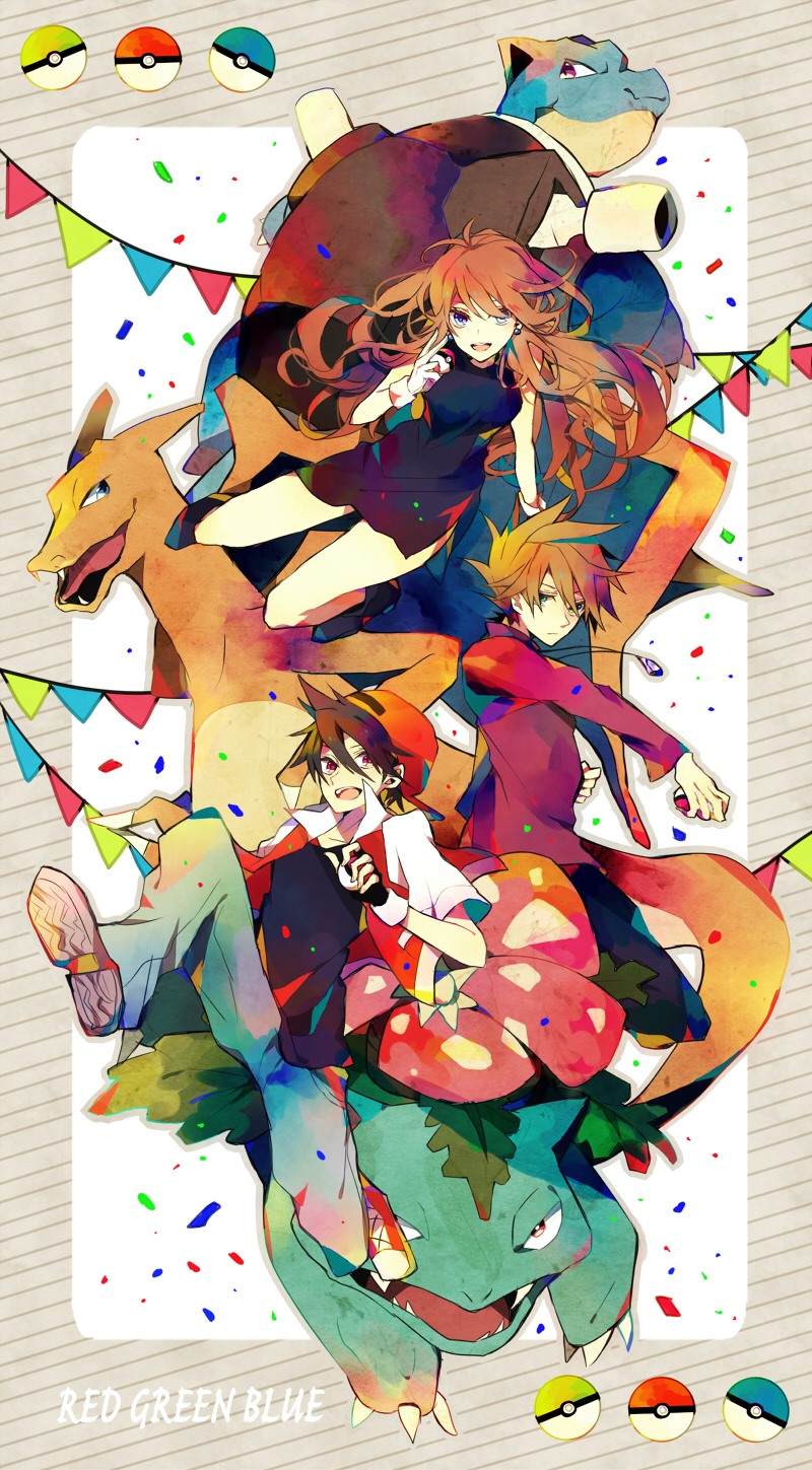 1girl 2boys backwards_hat baseball_cap black_dress black_hair black_pants black_shirt blastoise blue_eyes blue_oak blue_oak_(pokemon_rgby) border brown_hair bunting character_name charizard confetti denim dress earrings gen_1_pokemon gloves green_(pokemon) green_eyes hat highres holding holding_poke_ball jacket jeans jewelry long_hair long_sleeves multiple_boys necklace nintendo pants pendant pennant poke_ball pokemon pokemon_(creature) pokemon_adventures red_(pokemon) red_eyes red_jacket sagatsu_(miicat) satsuki_(miicat) shirt shoes short_dress sleeveless sleeveless_dress sneakers spiked_hair starter_pokemon_trio string_of_flags venusaur white_gloves