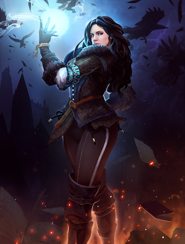 1girl bird black_boots black_gloves black_hair black_pants boots choing_koong crow embers gloves knee_boots long_hair looking_at_viewer pants solo the_witcher_(series) the_witcher_3 yennefer_of_vengerberg