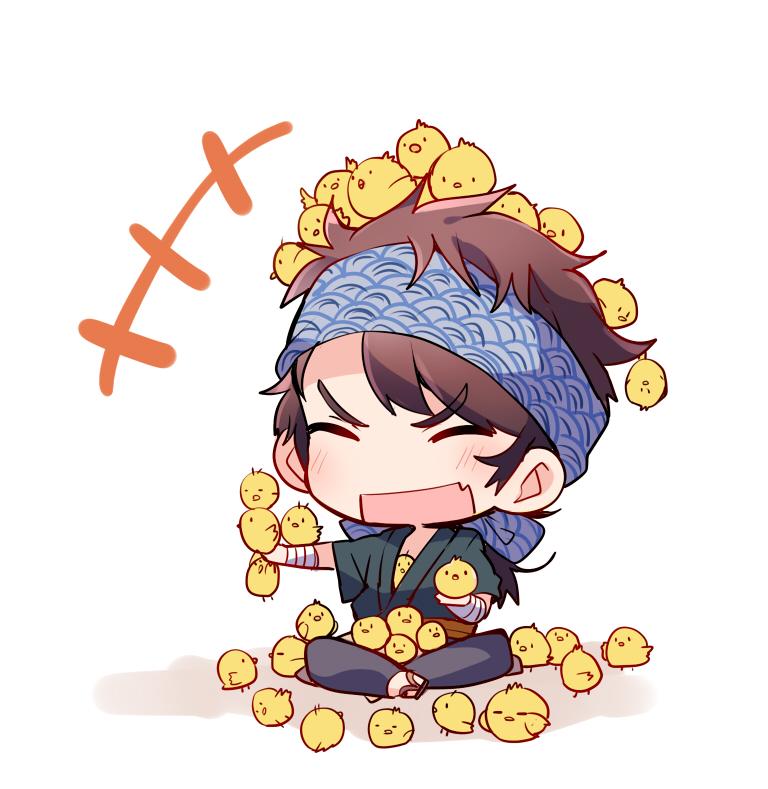 +++ 1boy :d animal animal_in_clothes arm_wrap bird black_kimono blush chibi chick chick_on_head commentary_request fang headband holding japanese_clothes kimono crossed_legs long_hair male_focus mutsu-no-kami_yoshiyuki open_mouth outstretched_arm ponytail sandals seigaiha simple_background sitting skin_fang smile solo taneda_yuuta too_many too_many_chicks touken_ranbu v-shaped_eyebrows white_background yukata