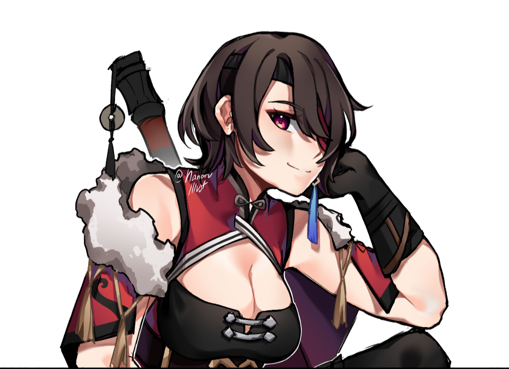 1girl alternate_hair_length alternate_hairstyle beidou_(genshin_impact) black_gloves black_shirt breasts brown_hair cape cleavage closed_mouth commentary earrings english_commentary fur-trimmed_cape fur_trim genshin_impact gloves hair_over_one_eye jewelry large_breasts looking_at_viewer nanoru/shai red_eyes red_shirt shirt short_hair simple_background single_earring sleeveless sleeveless_shirt smile solo upper_body weapon weapon_on_back white_background