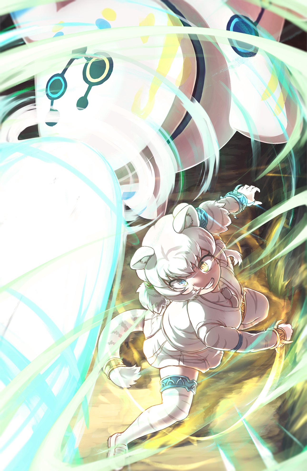 1girl animal_ears blue_eyes byakko_(kemono_friends) extra_ears heterochromia highres kemono_friends kneehighs necktie okyao shirt shoes short_hair simple_background skirt socks sweater_vest tail tiger_ears tiger_girl tiger_tail white_hair yellow_eyes