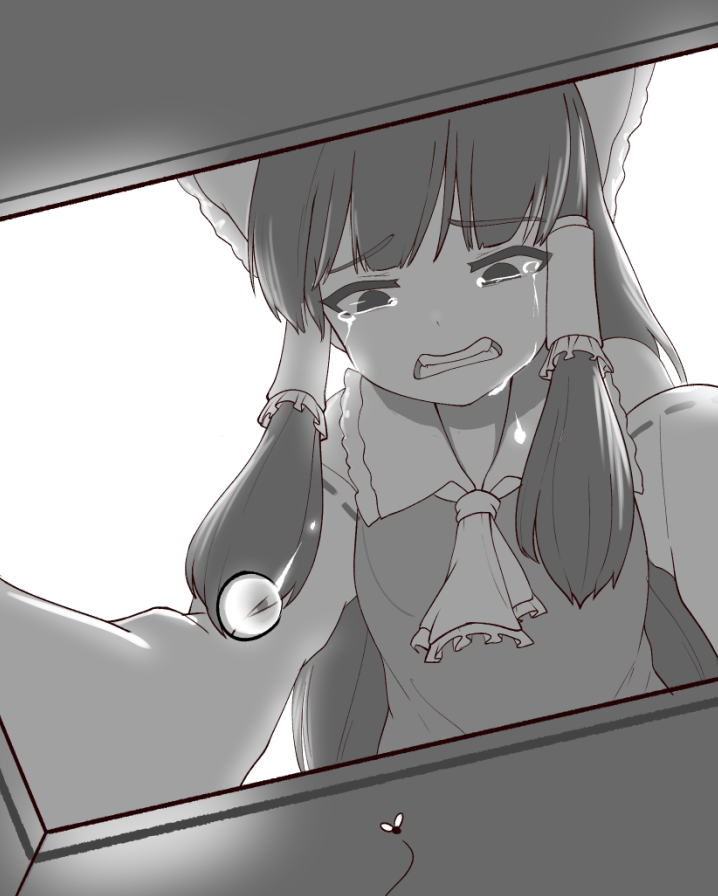 1girl backlighting bow box bug clenched_teeth crying donation_box fly from_below greyscale hair_bow hair_tubes hakurei_reimu insect jacy long_hair monochrome nontraditional_miko ribbon-trimmed_sleeves ribbon_trim solo streaming_tears tears teeth touhou upper_body