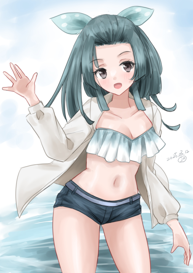 1girl aqua_bikini aqua_ribbon bikini breasts cleavage collarbone cowboy_shot denim denim_shorts forehead gradient_bikini green_hair grey_eyes jacket kantai_collection kitagawa_mikio medium_breasts navel ribbon short_shorts shorts solo suzunami_(kancolle) suzunami_(swimsuit)_(kancolle) swimsuit water white_jacket
