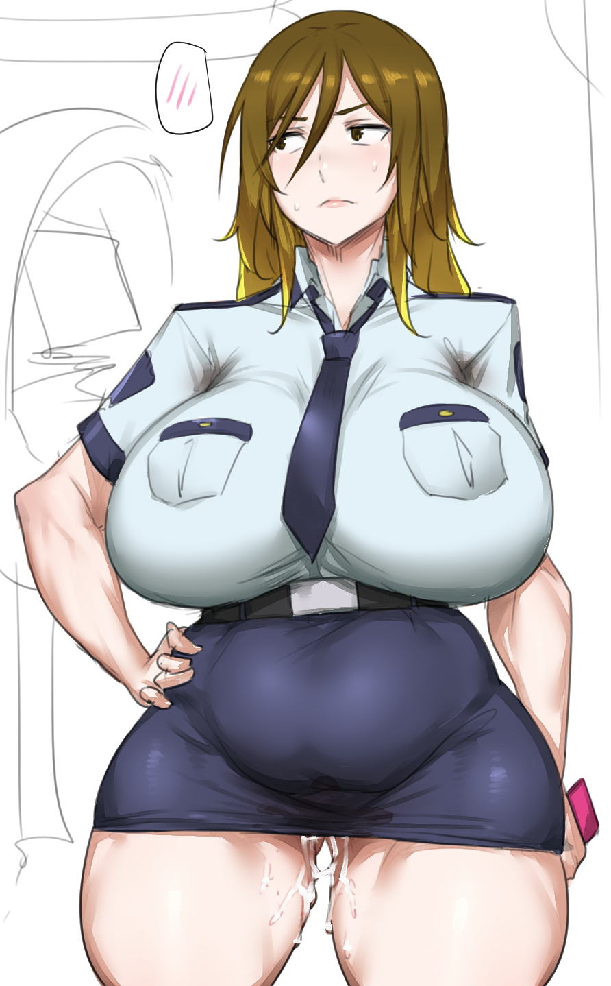 aftersex brown_eyes brown_hair cum date_makiko digimon digimon_story:_cyber_sleuth highres medium_hair natedecock necktie police police_uniform policewoman