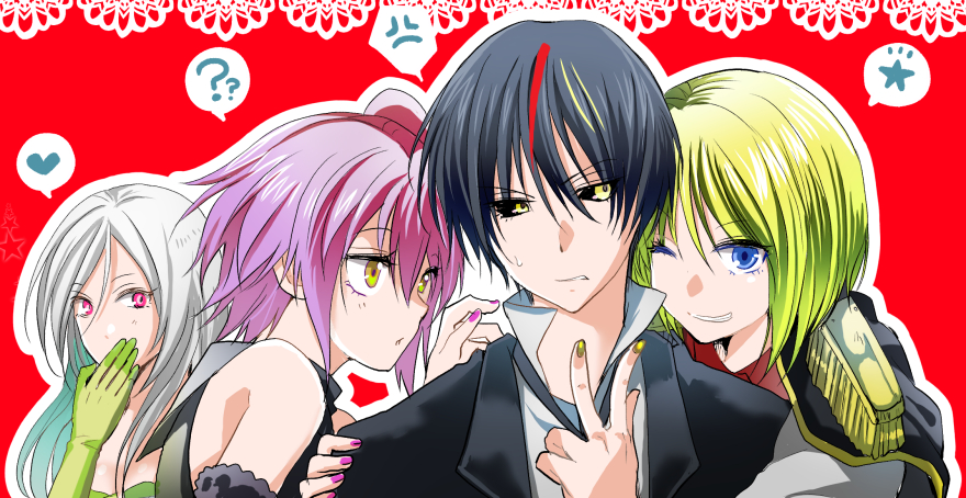 1boy 3girls :o bare_shoulders black_hair black_jacket blonde_hair blue_eyes carrera_(tensura) diablo_(tensura) gloves green_gloves grey_hair high_collar jacket long_hair mariwai_(marireroy) multiple_girls one_eye_closed pink_hair red_eyes short_hair speech_bubble tensei_shitara_slime_datta_ken testarossa_(tensura) ultima_(tensura) w yellow_eyes