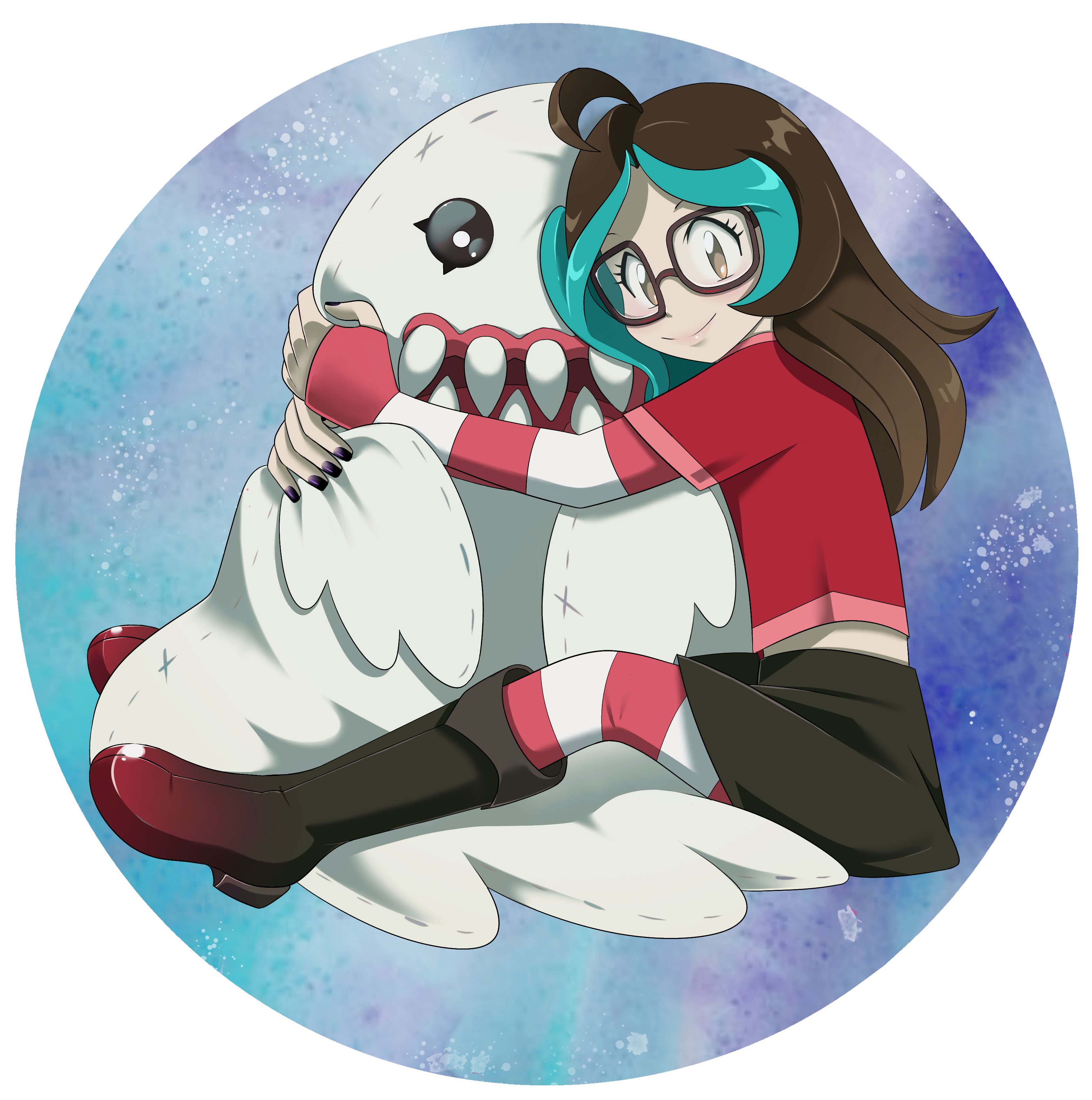 bakemon boots digimon digimon_(creature) glasses long_hair nail_polish skirt smile stuffed_toy