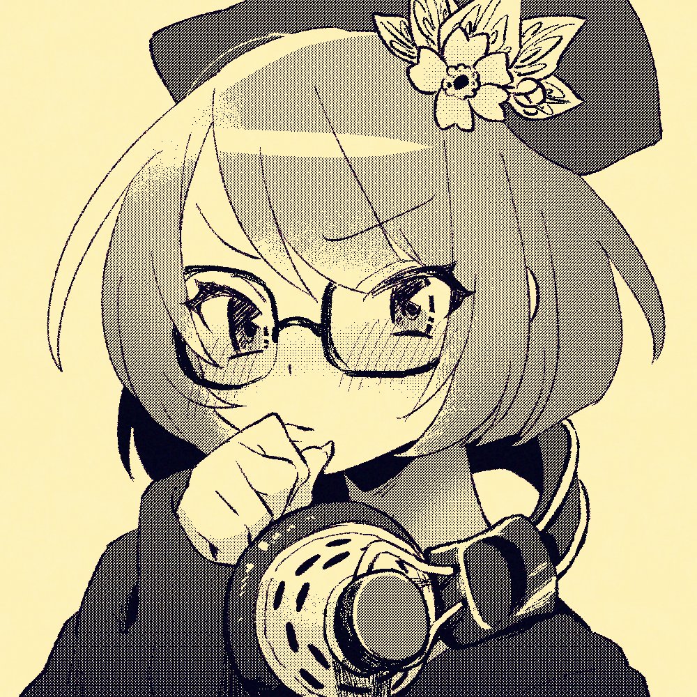 1girl benten_(housamo) blush commentary_request flower glasses halftone hand_to_own_mouth hat hat_flower headphones headphones_around_neck long_sleeves medium_hair mid_(mid_skb) monochrome screentones solo tokyo_houkago_summoners upper_body yellow_background yellow_theme