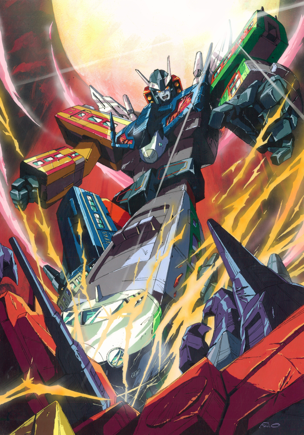 autobot highres holding holding_sword holding_weapon kicking marble-v mecha no_humans open_hand orange_eyes raiden_(transformers) robot science_fiction solo_focus super_robot sword transformers v-fin weapon