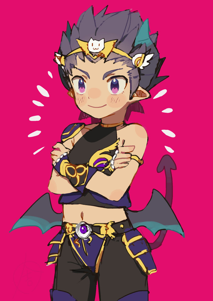 1boy armor bad_id bad_pixiv_id bikini_armor blue_hair blush crossed_arms demon_boy demon_tail demon_wings great_kichi horns male_focus mini_wings pointy_ears pop-up_story purple_eyes smile solo tail wings ziz_glover