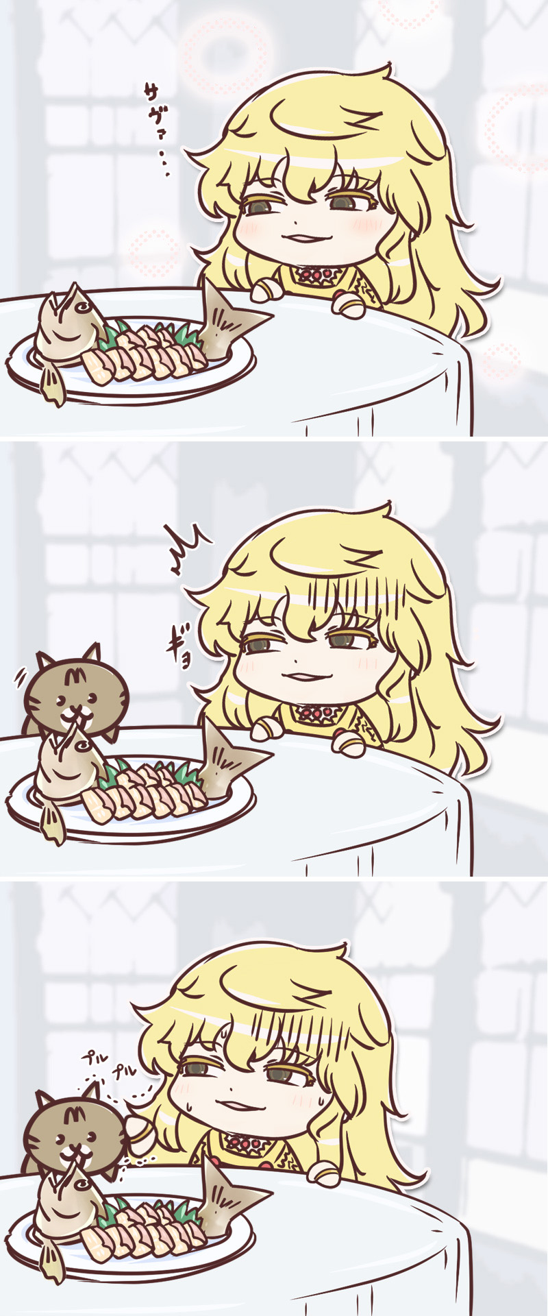 1girl ahoge blonde_hair brown_eyes cape cat chibi colored_eyelashes comic dress fish food gem highres holy_maiden_academy_school_uniform isabeau_de_baviere_(madoka_magica) jewelry long_dress long_hair long_sleeves magia_record:_mahou_shoujo_madoka_magica_gaiden mahou_shoujo_madoka_magica mahou_shoujo_tart_magica messy_hair naitori. necklace pushing_away queen ring ringed_eyes royal_robe school_uniform surprised table translation_request wavy_hair