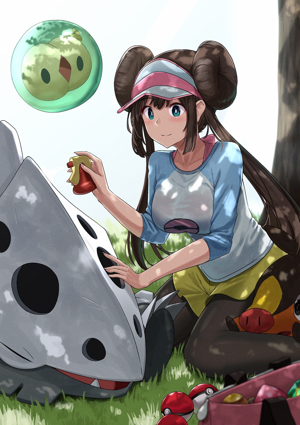 1girl aqua_eyes bag berry_(pokemon) black_pantyhose blush bottle breasts brown_hair closed_mouth collarbone double_bun floating gen_3_pokemon gen_5_pokemon grass hair_bun hand_on_another&#039;s_head hat highres kneeling lairon large_breasts logo long_hair long_sleeves looking_at_another multicolored_clothes nintendo noeru outdoors pantyhose pantyhose_under_shorts pecha_berry poke_ball poke_ball_(basic) pokemon pokemon_(creature) pokemon_bw2 rosa_(pokemon) shorts smile solosis spray_bottle tepig tree visor visor_cap yellow_shorts