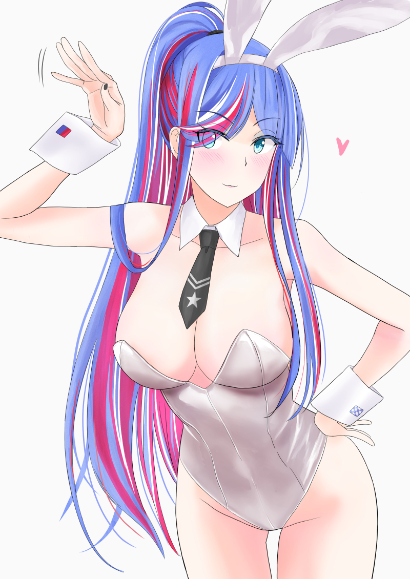 1girl animal_ear_hairband animal_ears bare_legs black_necktie blue_hair breasts commentary_request cowboy_shot detached_collar fake_animal_ears hairband hand_on_own_hip kantai_collection large_breasts leaning_forward leotard long_hair multicolored_hair necktie pantyhose playboy_bunny ponytail rabbit_ears red_hair simple_background solo south_dakota_(kancolle) strapless strapless_leotard streaked_hair takase_asagiri white_background white_leotard wrist_cuffs