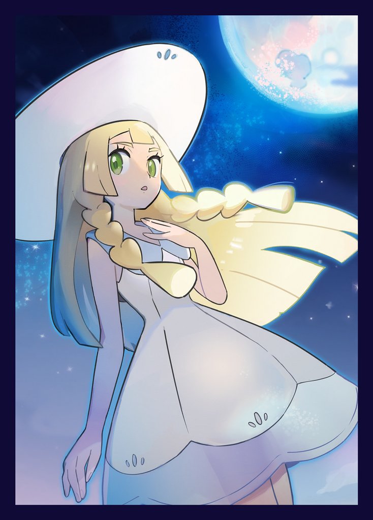 1girl :o blonde_hair blunt_bangs braid collared_dress dress green_eyes hair_spread_out hand_on_own_chest hat lillie_(pokemon) long_hair looking_at_viewer milky_way mizutani_megumi moon moonlight night night_sky nintendo open_mouth pokemon pokemon_sm pokemon_tcg pokemon_tcg_pocket sky sleeveless sleeveless_dress solo star_(sky) sun_hat twin_braids white_dress white_hat