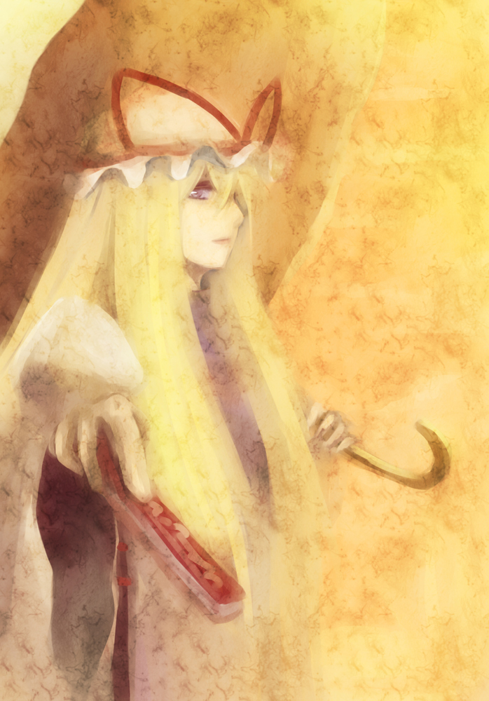 1girl bad_id bad_pixiv_id blonde_hair folded_fan delant hand_fan female_focus folding_fan hachifuku hat hat_ribbon long_hair pointing purple_eyes ribbon solo touhou umbrella yakumo_yukari