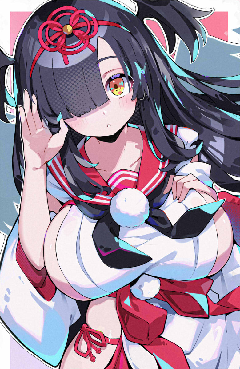 black_hair black_wings blunt_bangs bombergirl breasts collarbone detached_sleeves highres hiiro_(bombergirl) huge_breasts long_hair neckerchief nontraditional_miko omochishiki one_eye_covered panties pelvic_curtain sailor_collar side-tie_panties sideboob sidelocks tengu underwear very_long_hair wide_hips wings yellow_eyes