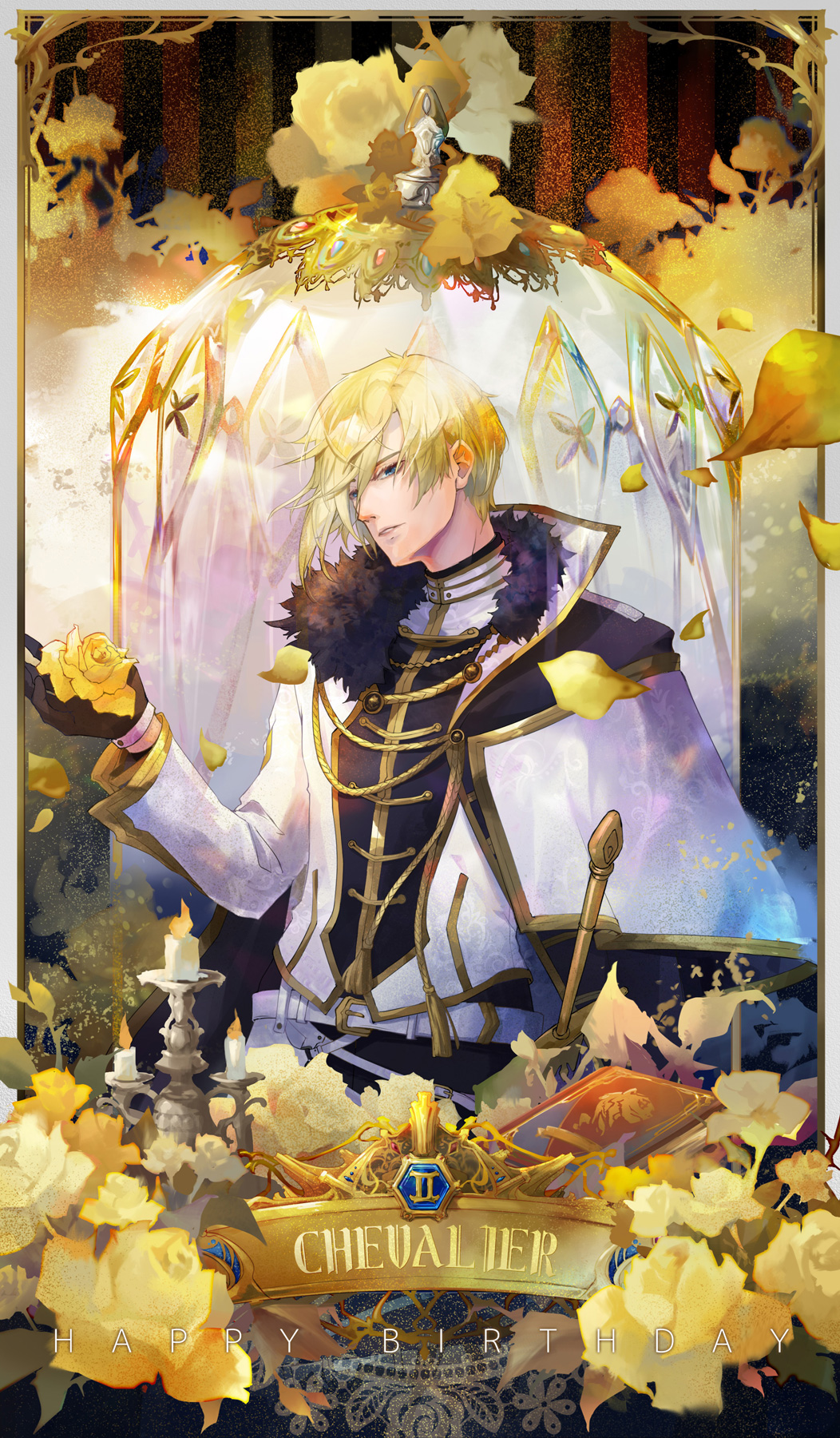 1boy black_gloves blonde_hair blue_eyes candlestand character_name chevalier_michel dome flower fur_collar gloves gold_trim happy_birthday highres ikemen_prince long_sleeves male_focus petals solo standing sword weapon yellow_flower