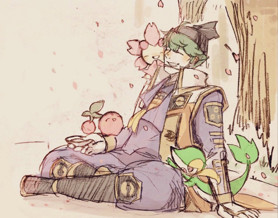 alcohol arm_support cherrim cherubi choko_(cup) closed_eyes coat cup gen_4_pokemon gen_5_pokemon green_hair hat high_collar japanese_clothes mouri_motonari nintendo on_shoulder petals poke_ball_print pokemon pokemon_(creature) pokemon_conquest pokemon_on_shoulder sake sengoku_musou sitting smile snivy