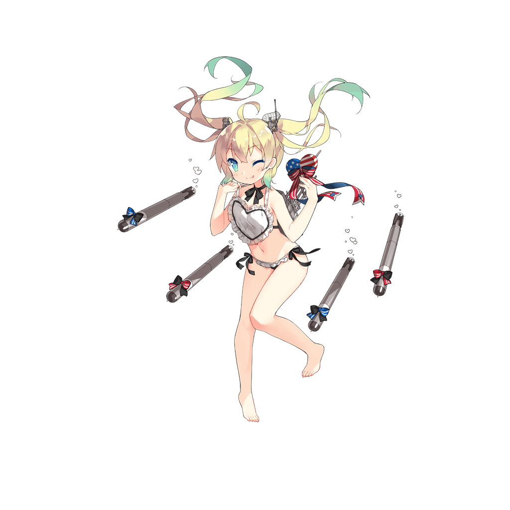 1girl ;p ahoge albacore_(warship_girls_r) alternate_costume american_flag american_flag_print apron apron_tug aqua_hair barefoot black_panties black_ribbon blonde_hair blue_eyes blush bubble choker female_focus flag_print frilled_apron frills full_body gift giftbox holding holding_gift knees_together_feet_apart long_hair looking_at_viewer machinery multicolored_hair navel official_art one_eye_closed panties ribbon saru side-tie_panties solo tongue tongue_out torpedo transparent_background twintails two-tone_hair underwater underwear warship_girls_r white_apron