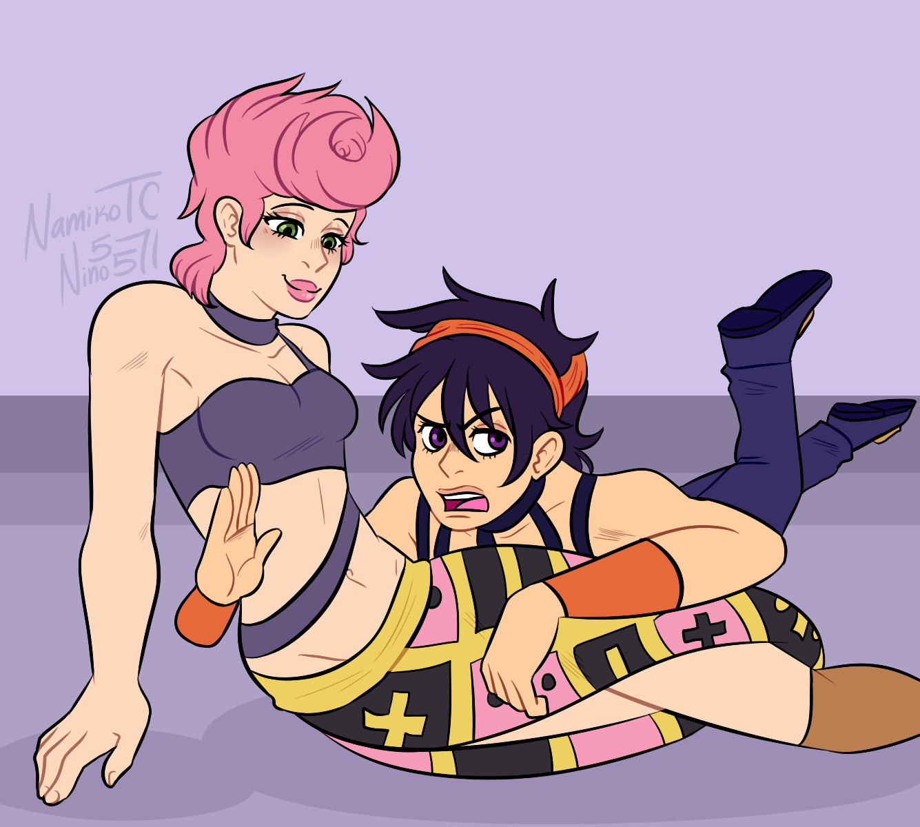 1boy 1girl black_hair boots breasts closed_mouth green_eyes hairband hetero highres jojo_no_kimyou_na_bouken lying medium_breasts narancia_ghirga navel nino5571 pants pink_hair pink_lips purple_eyes short_hair skirt smile strapless trish_una tube_top vento_aureo