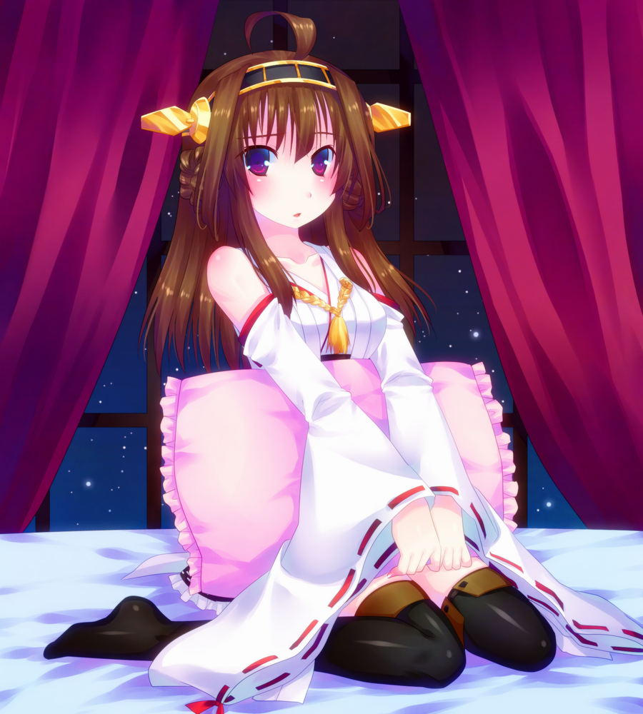 10s 1girl ahoge bad_id bad_pixiv_id brown_hair detached_sleeves door_to_heaven female_focus frilled_pillow frills hairband japanese_clothes kantai_collection kongou_(kancolle) long_hair looking_at_viewer nontraditional_miko open_mouth pillow purple_eyes sitting solo thighhighs wide_sleeves zettai_ryouiki