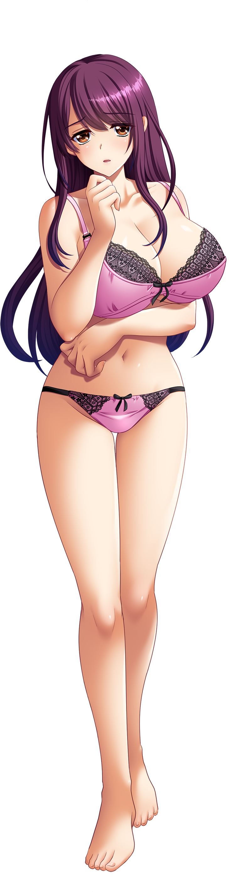 1girl absurdres bishop_(company) blunt_bangs bow bow_bra bow_panties bra breasts brown_eyes chijoku_no_seifuku_2 cleavage collarbone full_body hand_on_own_chest haruoka_kazusa highres kinmedai_pink lace lace-trimmed_bra lace-trimmed_panties lace_trim large_breasts lingerie long_hair looking_at_viewer looking_forward open_mouth panties pink_bra pink_panties purple_hair sad solo striped_clothes striped_panties underwear underwear_only