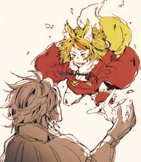 1boy 1girl blonde_hair couple dwyer_(fire_emblem) fire_emblem fire_emblem_fates fox_girl hetero hotate_rayan imminent_hug jumping nintendo open_mouth selkie_(fire_emblem) yellow_eyes