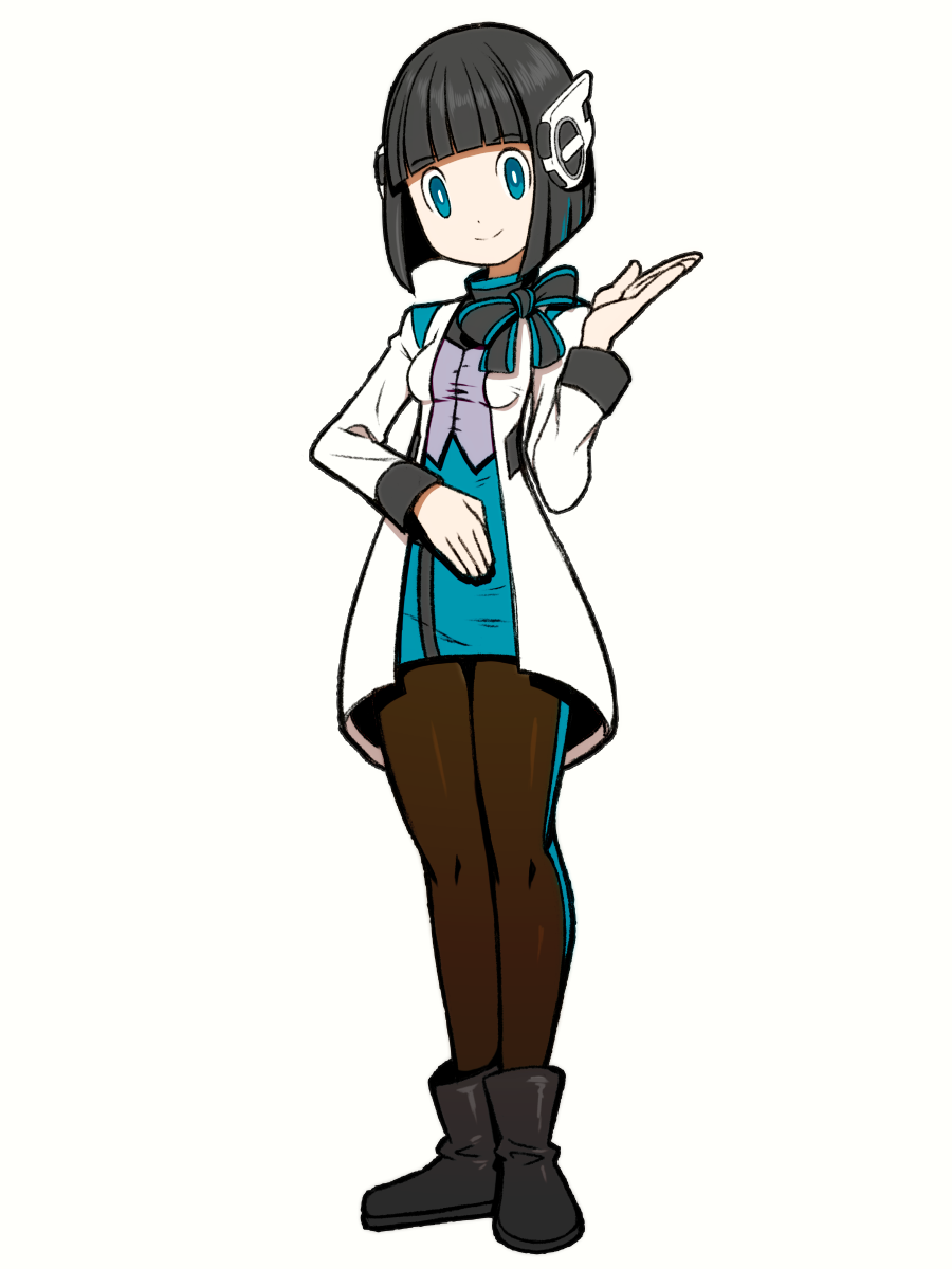 1girl beeru_(veil8801) black_boots black_hair blue_eyes blunt_bangs blunt_ends boots breasts bright_pupils brown_pantyhose closed_mouth coat full_body hand_up highres humagear_headphones is_(kamen_rider_01) kamen_rider kamen_rider_01_(series) legs_together long_sleeves open_clothes open_coat pantyhose robot_ears short_hair simple_background small_breasts smile solo split_mouth standing white_background white_coat white_pupils