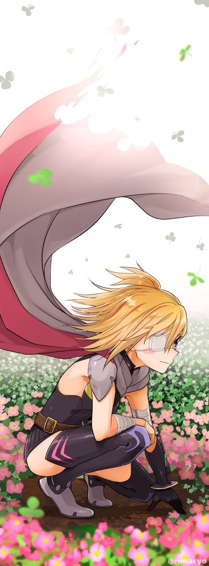 1girl bandages blonde_hair bodysuit cape eyepatch female_focus flip_flappers flower gloves multicolored_hair niina_ryou purple_eyes short_hair smile solo squatting yayaka