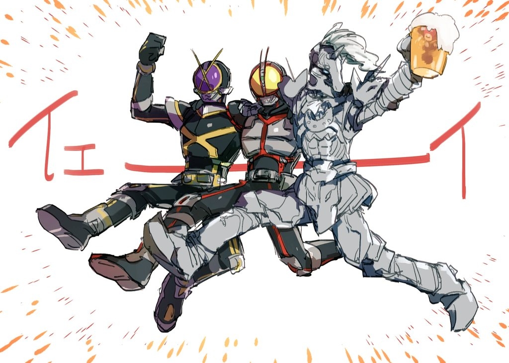 3boys alcohol arm_around_shoulder arm_up armor armored_boots beer beer_mug belt black_bodysuit black_gloves blank_eyes blue_eyes bodysuit boots breastplate chikichi clenched_hand cup drink drinking_glass emphasis_lines foam full_armor full_body gauntlets gloves greaves grey_footwear helm helmet holding holding_drinking_glass horse_orphnoch inui_takumi japanese_text jpeg_artifacts jumping kamen_rider kamen_rider_555 kamen_rider_faiz kamen_rider_kaixa kiba_yuuji kusaka_masato male_focus mug multiple_boys outstretched_arm pauldrons purple_eyes running shoulder_armor shoulder_spikes shouting sketch spikes translated yellow_eyes