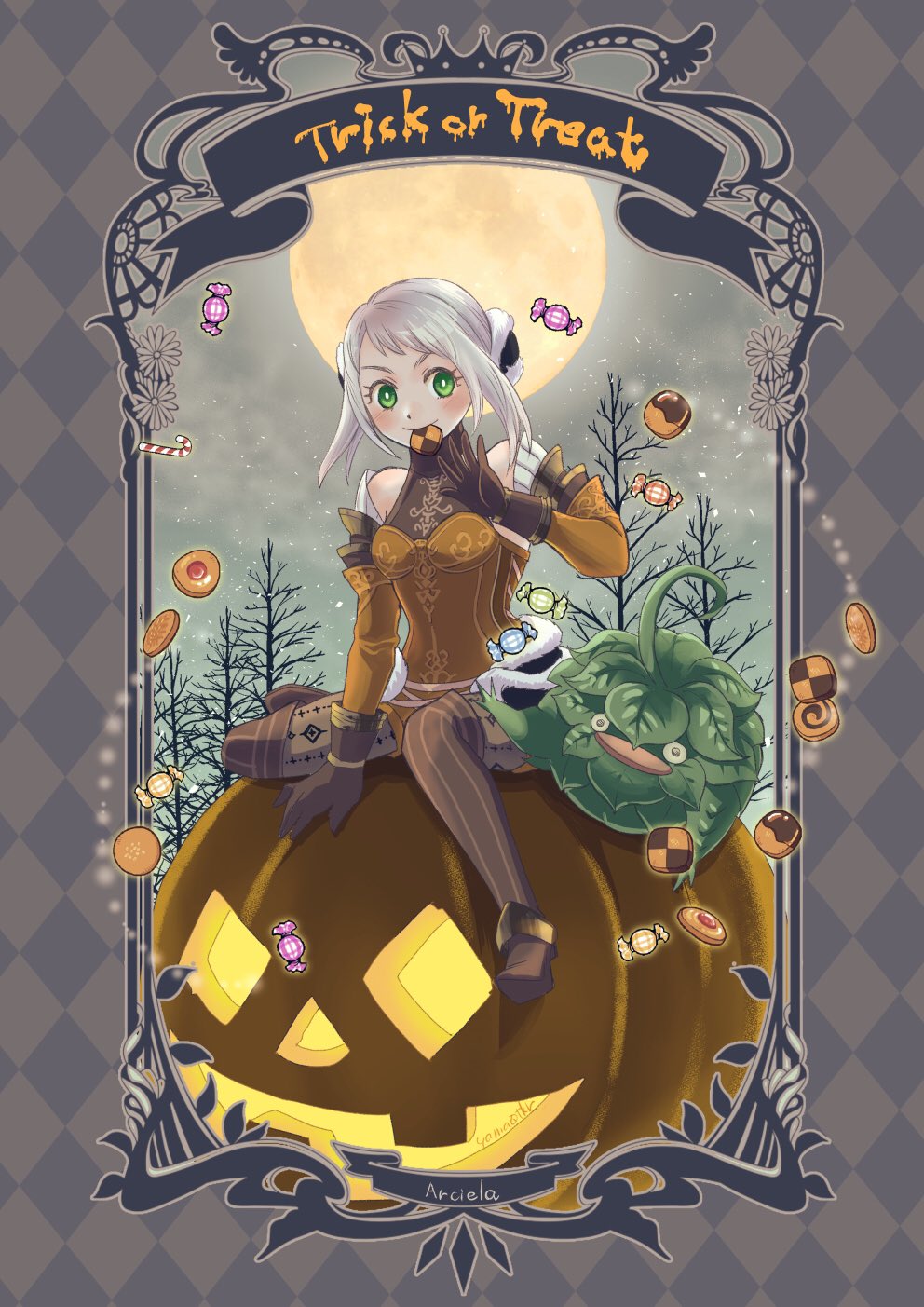 1girl arciela_v_adoulin cookie final_fantasy final_fantasy_xi food framed full_moon green_eyes grey_hair halloween highres leafkin moon night night_sky pumpkin sky star_(sky) starry_sky striped_clothes striped_footwear sweets
