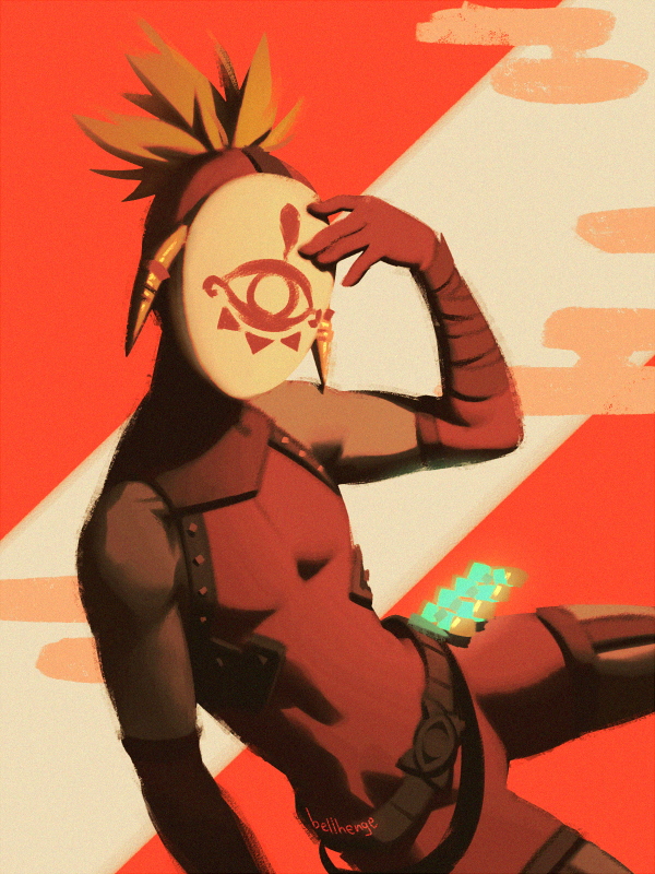 1boy alternate_costume bandaged_arm bandages bandana bare_shoulders bellhenge belt blonde_hair bodysuit brown_belt commentary cosplay covered_mouth elbow_gloves english_commentary eye_print gloves high_ponytail holding holding_mask horns link male_focus mask muscular muscular_male nintendo orange_background pectorals ponytail red_bandana red_bodysuit red_gloves short_ponytail sleeveless sleeveless_bodysuit solo spiked_hair the_legend_of_zelda the_legend_of_zelda:_tears_of_the_kingdom two-tone_background white_background white_mask yellow_horns yiga_clan yiga_clan_footsoldier yiga_clan_footsoldier_(cosplay)