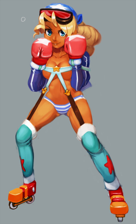 1girl bandana blonde_hair boxing_gloves capcom dark-skinned_female dark_skin female_focus fighting_stance garter_straps goggles goggles_on_head gonzozeppeli jet_set_radio justice_gakuen mario_(series) moero!_justice_gakuen nintendo panties piranha_(jsr) revealing_clothes roller_skates rosalina sega shiritsu_justice_gakuen skates solo super_mario_galaxy thighhighs tiffany_lords underwear