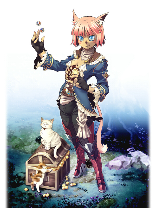 00s 1girl :q animal_ears armor card cat corsair corsair_(final_fantasy) female_focus final_fantasy final_fantasy_xi fingerless_gloves gloves greaves holding holding_card katy_(artist) mithra_(ff11) pink_hair short_hair solo tail tongue tongue_out treasure_chest