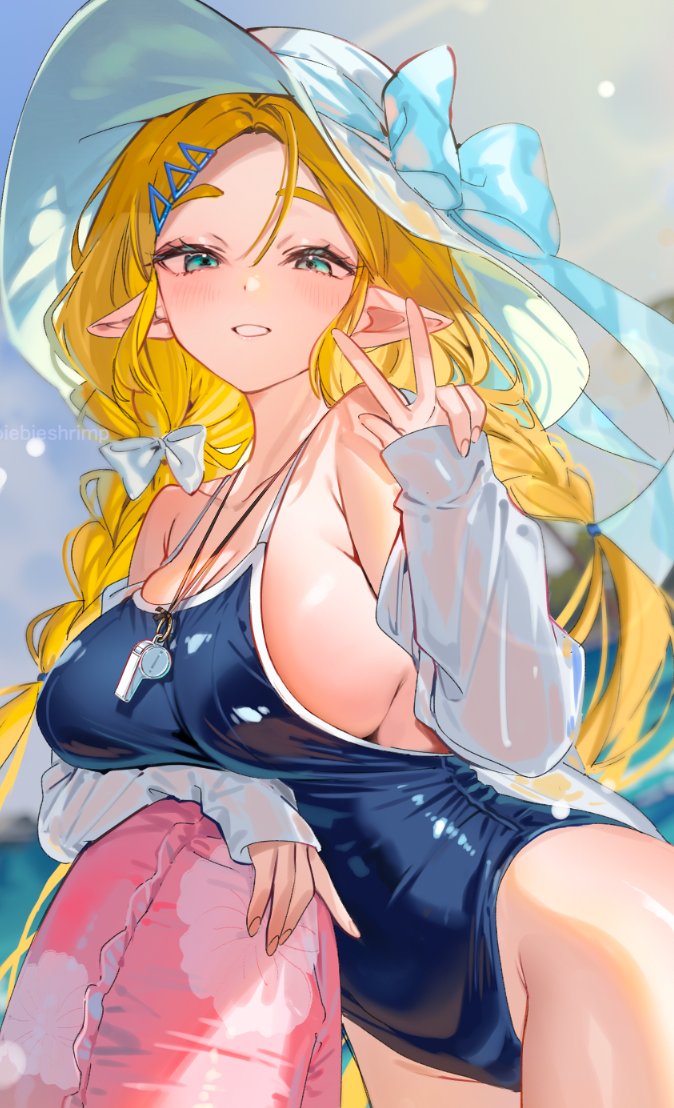 1girl blonde_hair blue_eyes blue_one-piece_swimsuit blush braid breast_press breasts forehead green_eyes hair_ornament hair_ribbon hairclip hat hat_ribbon highleg highleg_one-piece_swimsuit innertube large_breasts long_hair looking_at_viewer nintendo one-piece_swimsuit open_clothes open_shirt parted_bangs pointy_ears princess_zelda ribbon shirt shuri_(84k) sideboob sleeves_past_wrists smile solo swim_ring swimsuit the_legend_of_zelda twin_braids v whistle whistle_around_neck white_hat white_shirt