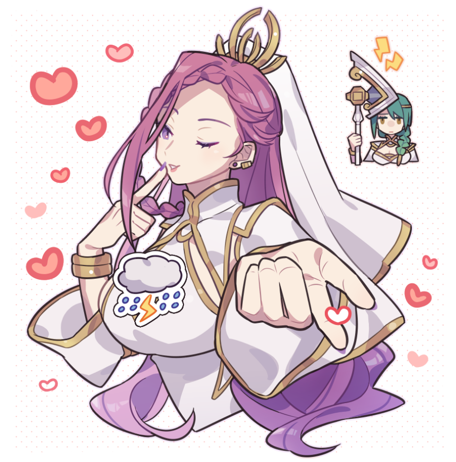 2girls ;) axe braid cloud commentary convenient_censoring cropped_torso dress earrings finger_to_mouth fire_emblem fire_emblem_heroes green_hair haconeri heart holding holding_axe jewelry lightning_bolt_symbol loki_(fire_emblem) loki_(trickster_god)_(fire_emblem) long_hair long_sleeves looking_at_viewer multiple_girls nintendo official_alternate_costume one_eye_closed parted_lips purple_eyes purple_hair purple_nails single_braid smile symbol-only_commentary thorr_(fire_emblem) upper_body very_long_hair water_drop white_dress yellow_eyes