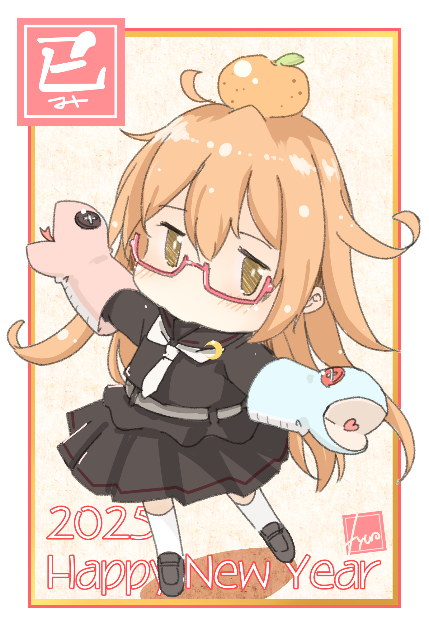 1girl 2025 black_serafuku brown_eyes brown_hair chibi chinese_zodiac food food_on_head fruit fruit_on_head fyuo glasses hand_puppet happy_new_year highres kantai_collection long_hair looking_at_viewer mandarin_orange mochizuki_(kancolle) necktie new_year object_on_head puppet red-framed_eyewear school_uniform semi-rimless_eyewear serafuku snake_puppet solo under-rim_eyewear white_necktie year_of_the_snake