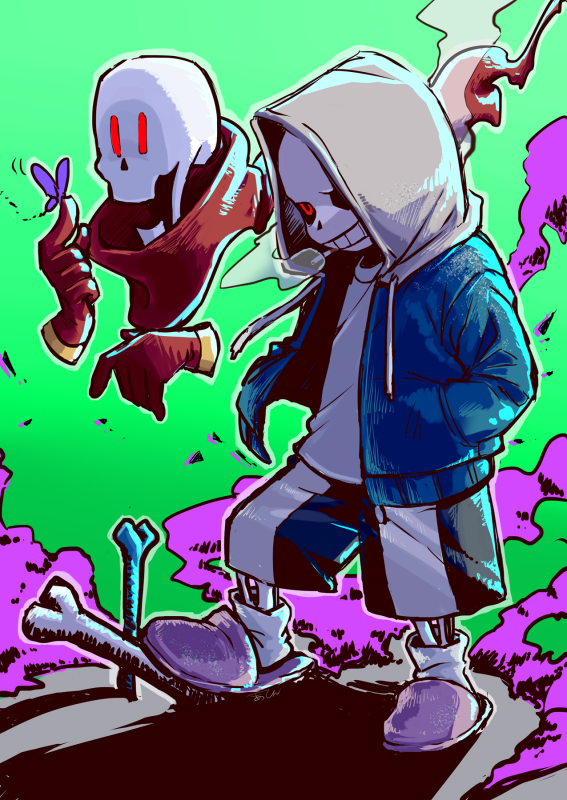 2boys ahin_vpv black_sclera blue_jacket bone colored_sclera gloves grin hood hoodie jacket male_focus multiple_boys papyrus_(undertale) red_gloves red_scarf sans_(undertale) scarf skeleton smile teeth undertale white_hood