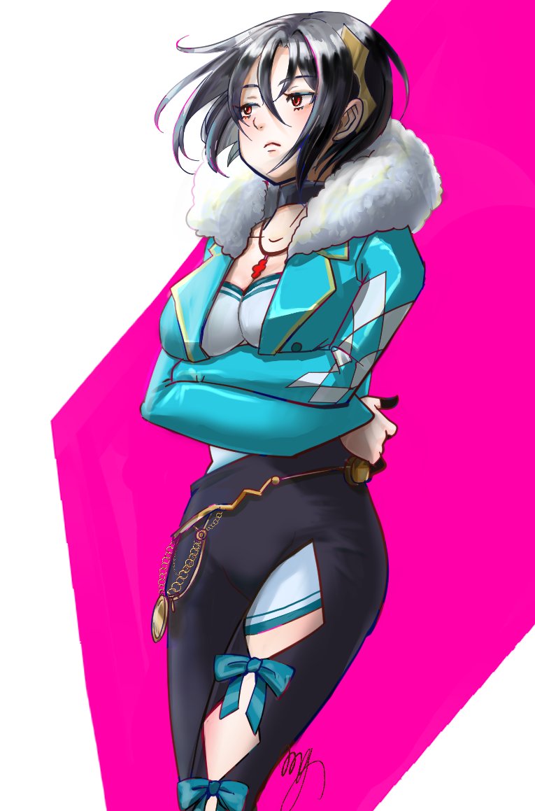 1girl arms_under_breasts asymmetrical_bangs asymmetrical_clothes black_hair breasts cleavage crossed_arms fire_emblem fire_emblem_engage fur_trim hair_between_eyes long_sleeves medium_breasts momongame_17 nel_(fire_emblem) nintendo red_eyes solo