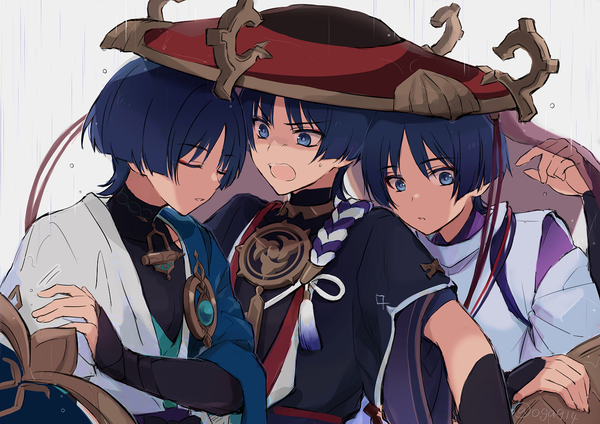 3boys aqua_gemstone aqua_kimono armor black_hair black_kimono black_sleeves blue_cape blue_eyes blue_hat bodysuit cape closed_eyes clothing_cutout covered_collarbone eyeliner eyeshadow furisode genshin_impact gold gold_trim han'eri hat heads_together holding holding_unworn_clothes holding_unworn_hat japanese_armor japanese_clothes jewelry jingasa kariginu kimono kote kurokote layered_clothes layered_kimono layered_sleeves looking_at_another looking_down makeup mandarin_collar mitsudomoe_(shape) multiple_boys multiple_persona neck_ring oga914 open_clothes open_hand open_kimono open_mouth parted_lips pink_veil purple_kimono purple_rope purple_sleeves raised_eyebrow red_eyeliner red_eyeshadow red_hat red_kimono rope scaramouche_(genshin_impact) scaramouche_(kabukimono)_(genshin_impact) see-through_clothes see-through_veil shaded_face shared_clothes shared_hat shimenawa short_sleeves shoulder_cutout shoulder_peek straw_hat string sweatdrop tassel teeth tomoe_(symbol) turtleneck turtleneck_bodysuit twitter_username unworn_hat unworn_headwear upper_teeth_only veil vision_(genshin_impact) wanderer_(genshin_impact) white_background white_kimono white_mouth white_rope white_sleeves white_trim