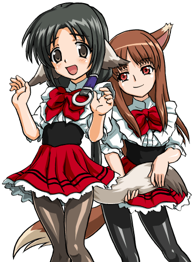 00s 2girls animal_ears bandabekken bronze_parrot brown_hair cosplay crossover dog_ears eruruu holding_another&#039;s_tail holo long_hair multiple_girls pantyhose red_eyes spice_and_wolf tail tail_grab utawarerumono waitress wolf_ears wolf_tail