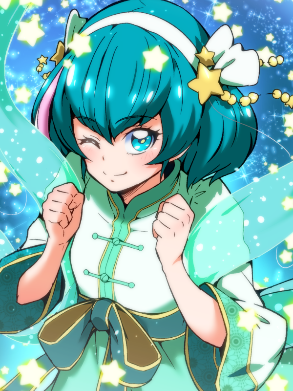 1girl ;) alternate_costume blue_background blue_eyes blue_hair hagoromo_lala hair_between_eyes hair_ornament hairband hanfu long_hair long_sleeves looking_at_viewer one_eye_closed precure ruqun sash smile solo star_(sky) star_(symbol) star_hair_ornament star_twinkle_precure tj-type1 white_hairband