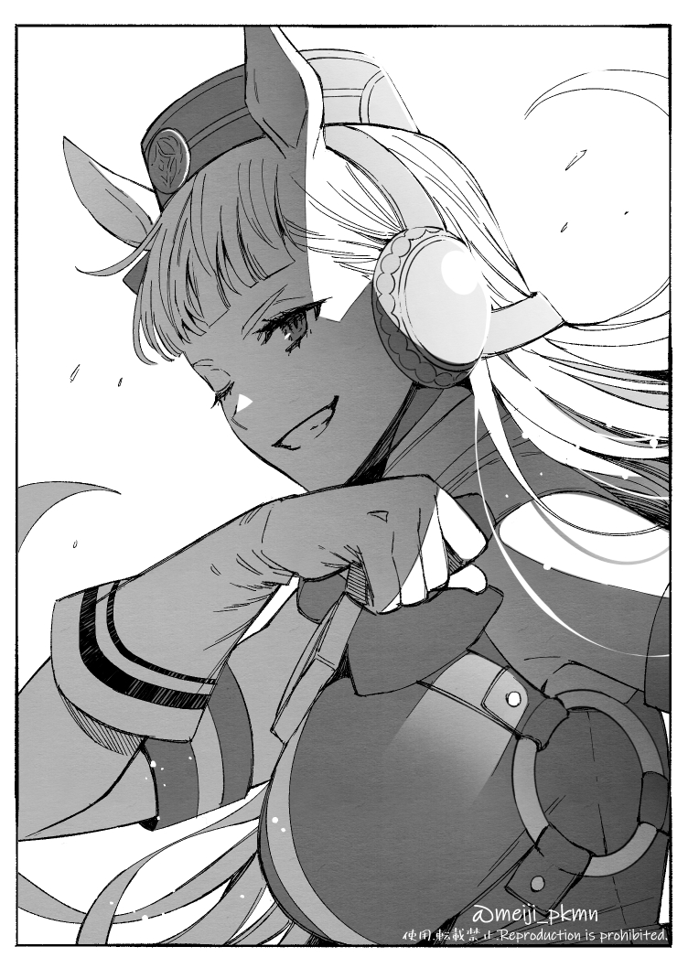 1girl animal_ears breasts earphones gloves gold_ship_(umamusume) greyscale grin hat meiji_ken monochrome one_eye_closed open_mouth smile solo teeth umamusume upper_body