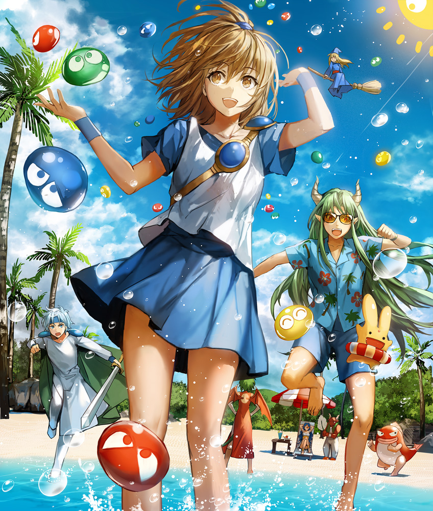 3boys 4girls arle_nadja beach blonde_hair blue_eyes blue_hair broom brown_hair cape carbuncle_(puyopuyo) china_dress chinese_clothes compile day draco_centauros dragon_wings dress green_hair hat horns innertube komecchi long_hair madou_monogatari minotaur_(puyopuyo) multiple_boys multiple_girls outdoors palm_tree pointy_ears puyo_(puyopuyo) puyopuyo red_eyes rulue_(puyopuyo) satan_(puyopuyo) schezo_wegey short_hair skirt standing suketoudara_(puyopuyo) swim_ring sword tail tree wading water weapon wings witch_(puyopuyo)