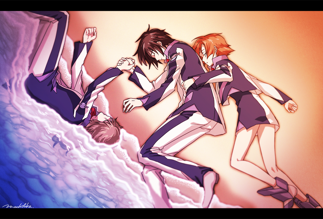 10s 1girl 2boys beach black_hair boots brown_hair closed_eyes cropped_jacket holding_hands jacket letterboxed long_hair long_sleeves machi_fuka makabe_kazuki minashiro_soushi multiple_boys ocean orange_hair pants partially_submerged scar short_hair signature skirt sleeping soukyuu_no_fafner toomi_maya uniform
