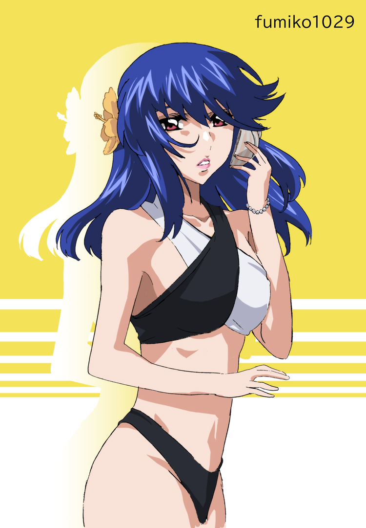1girl artist_name bikini blue_hair bracelet flower fumiko_(mesushi) gundam gundam_seed gundam_seed_freedom hair_flower hair_ornament holding_seashell ingrid_tradoll jewelry long_hair looking_at_viewer pink_eyes seashell shell solo swimsuit
