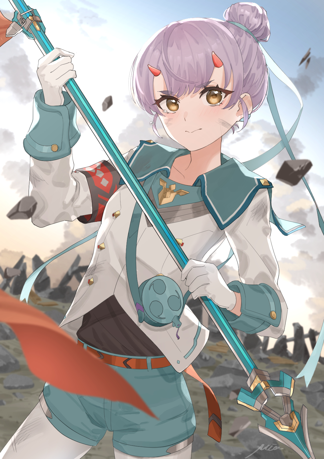 1girl armband belt black_undershirt brown_eyes debris fiona_(xenoblade) flag gloves green_shorts hair_bun highres holding holding_flag horns mia_cbx mitsudomoe_(shape) purple_hair shorts single_hair_bun tears tomoe_(symbol) white_gloves xenoblade_chronicles_(series) xenoblade_chronicles_3